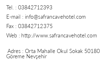 Safran Cave Hotel iletiim bilgileri